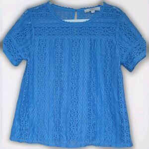 Ann Taylor Loft Blouse Sz Medium Blue Lace Feminine Chic Short-Sleeve Top